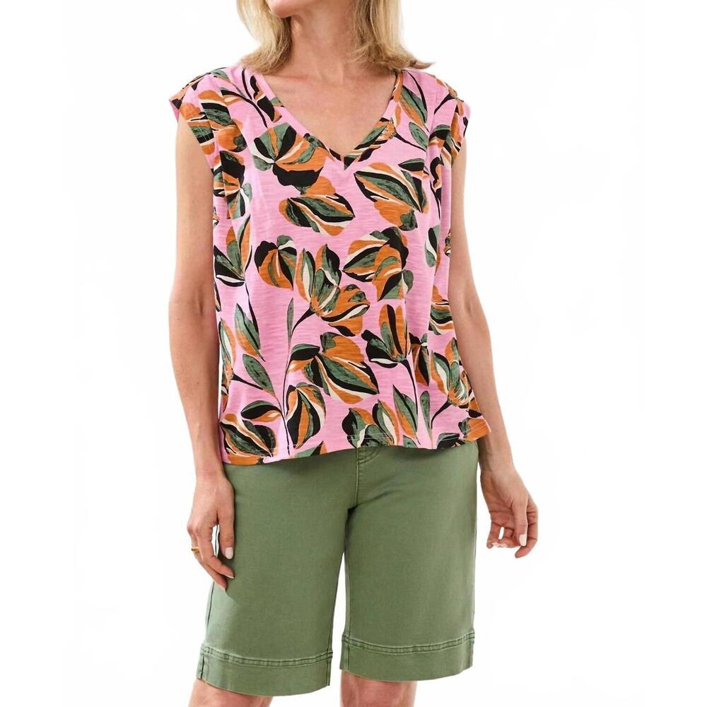 NEW TRIBAL v-neck cap sleeve top in pink multi